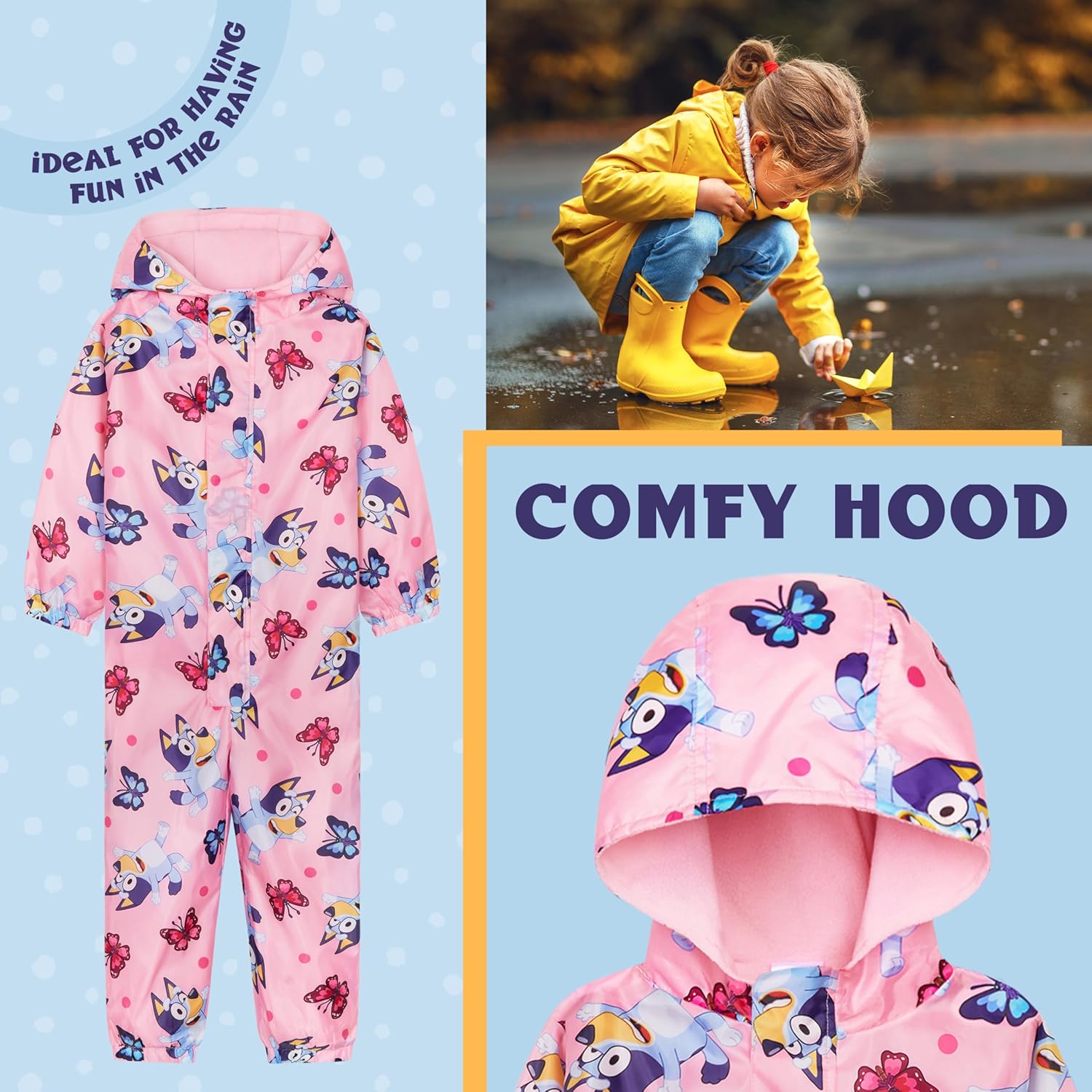 Bluey Boys and Girls Waterproof and Breathable Raining Jacket Coverall