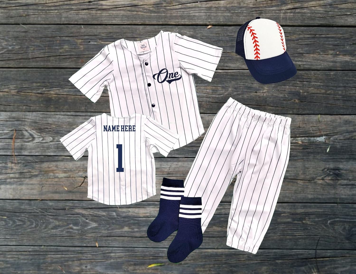Handmade Personalized First Birthday Baseball Uniform Navy Blue Pinstriped Jersey Pants Set