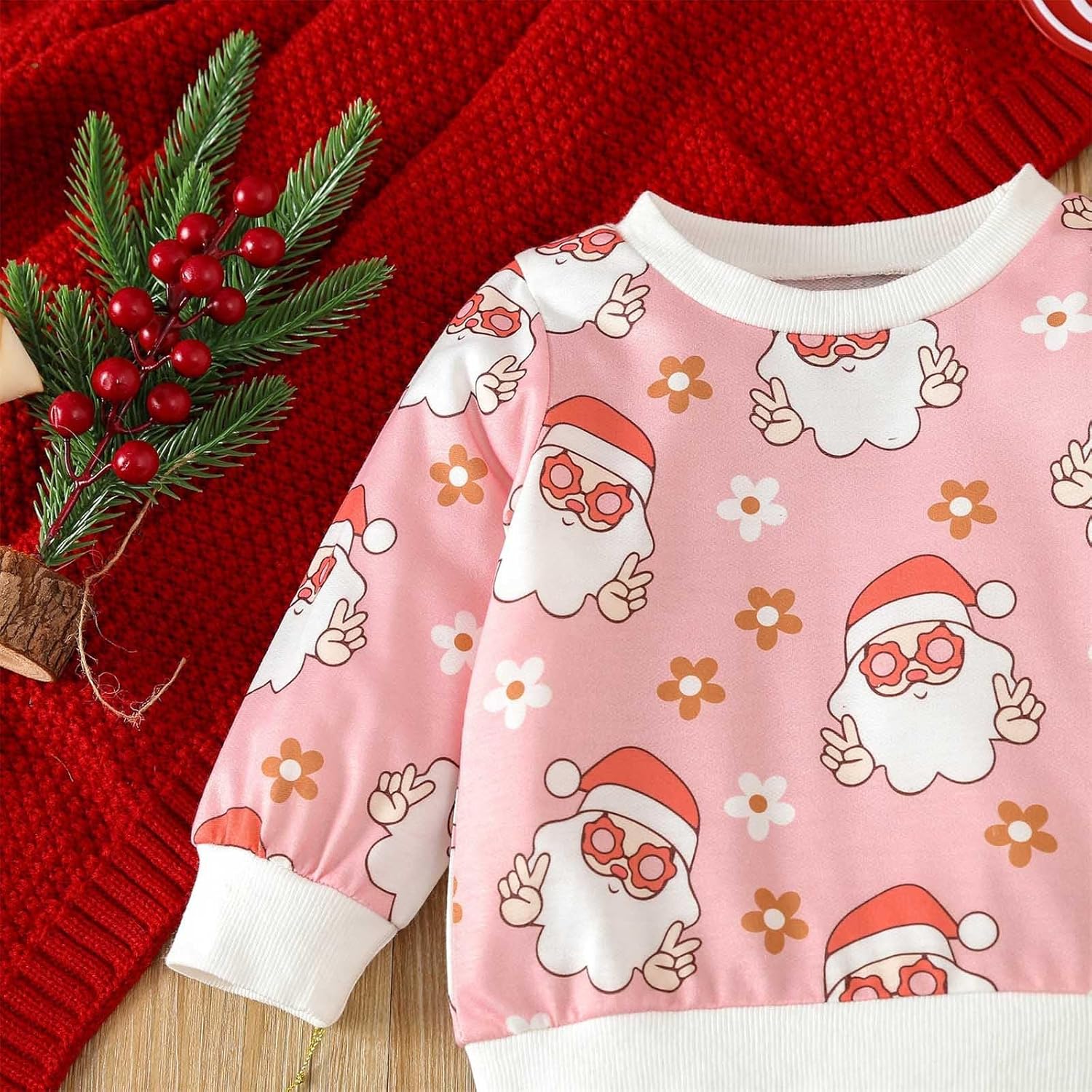 Kids Girls Christmas Suit - Santa Print Long Sleeve Sweater Pants Set