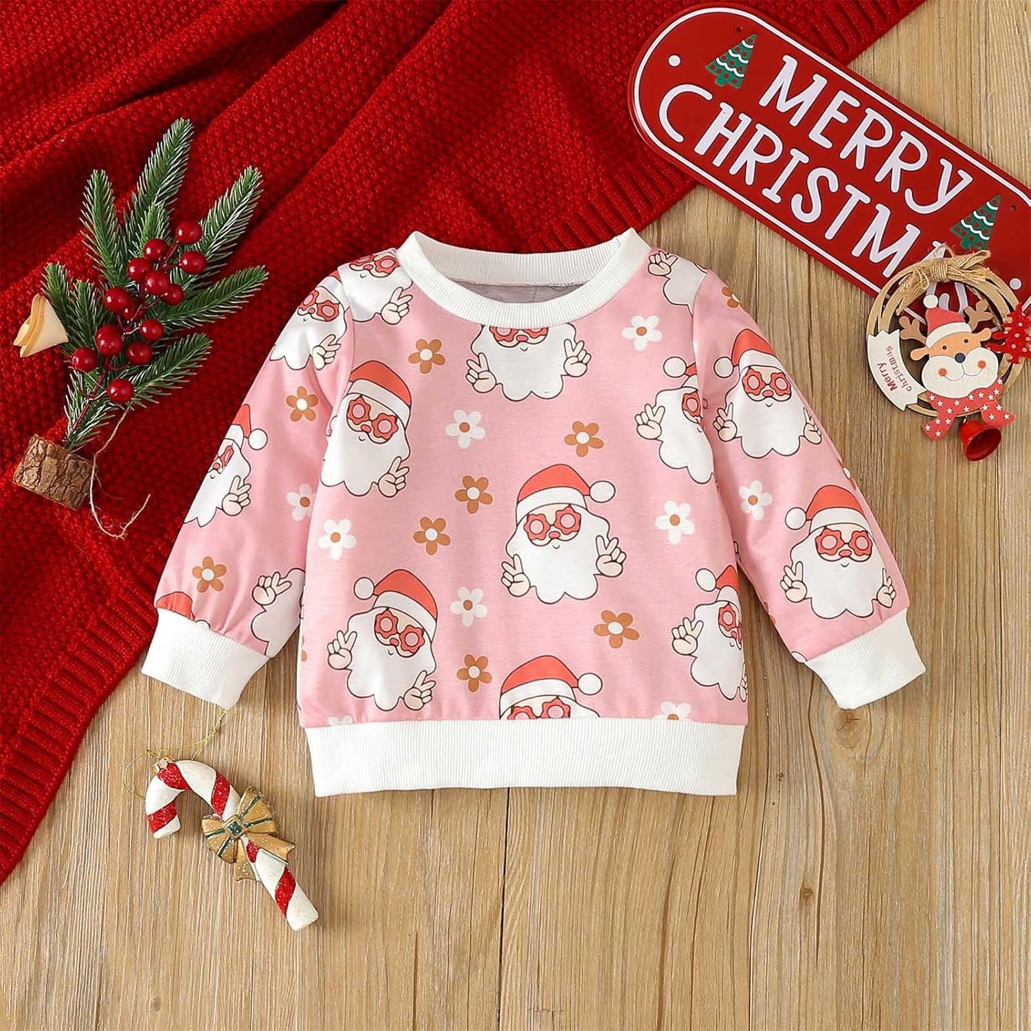 Kids Girls Christmas Suit - Santa Print Long Sleeve Sweater Pants Set