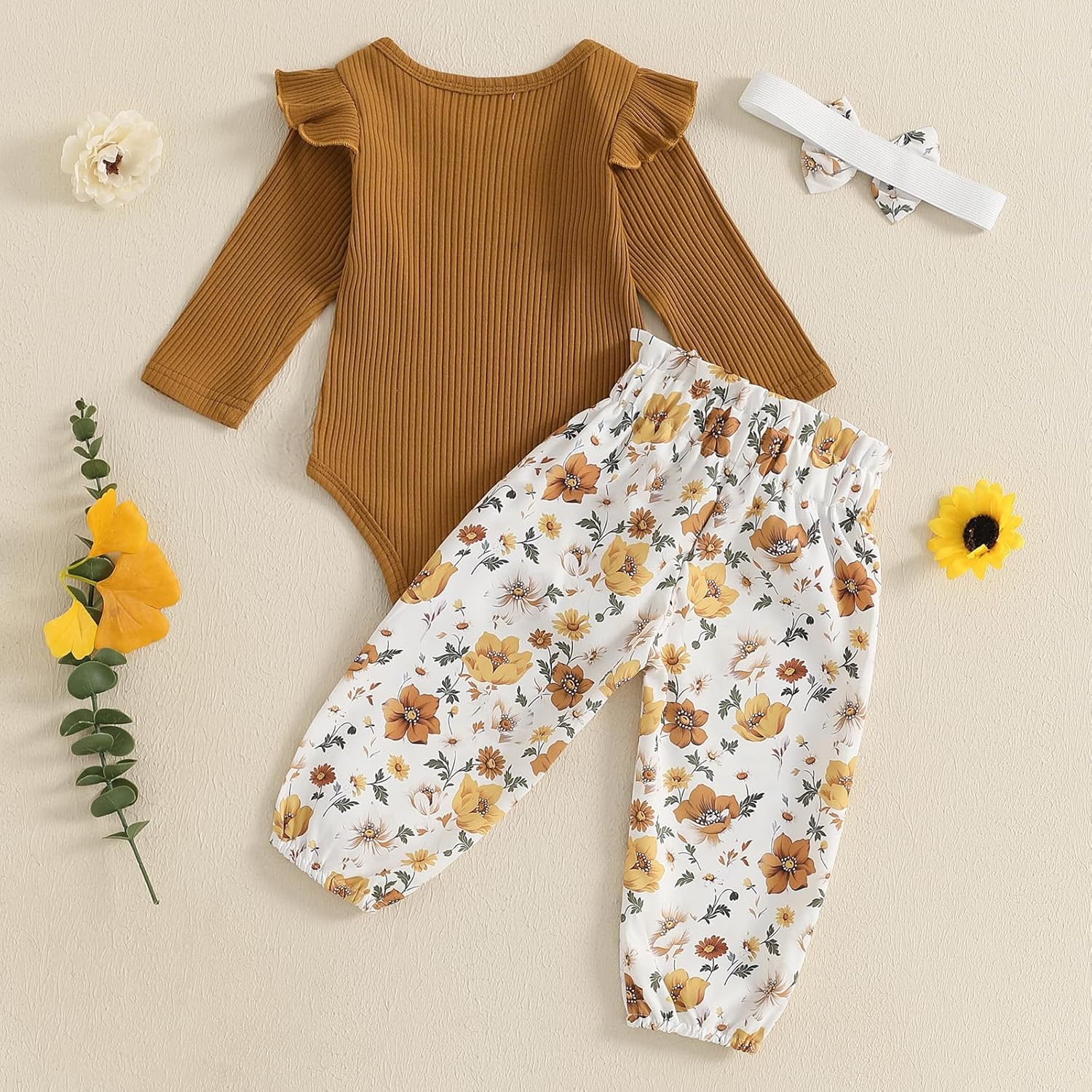 Brvxia Baby Girl Ruffled Romper with Daisy Print - Soft Adjustable Fall Winter Spring