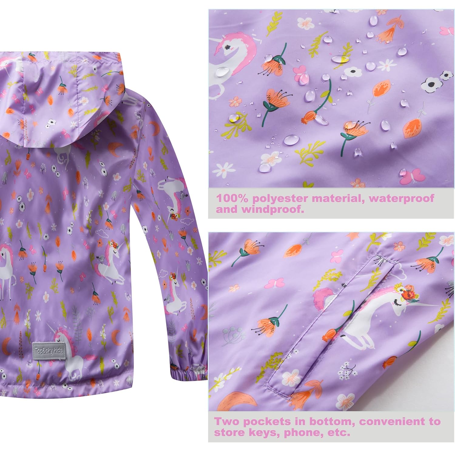 8-9 Year Girls Fewlby Waterproof Rain Jacket Breathable Lightweight kids jackets