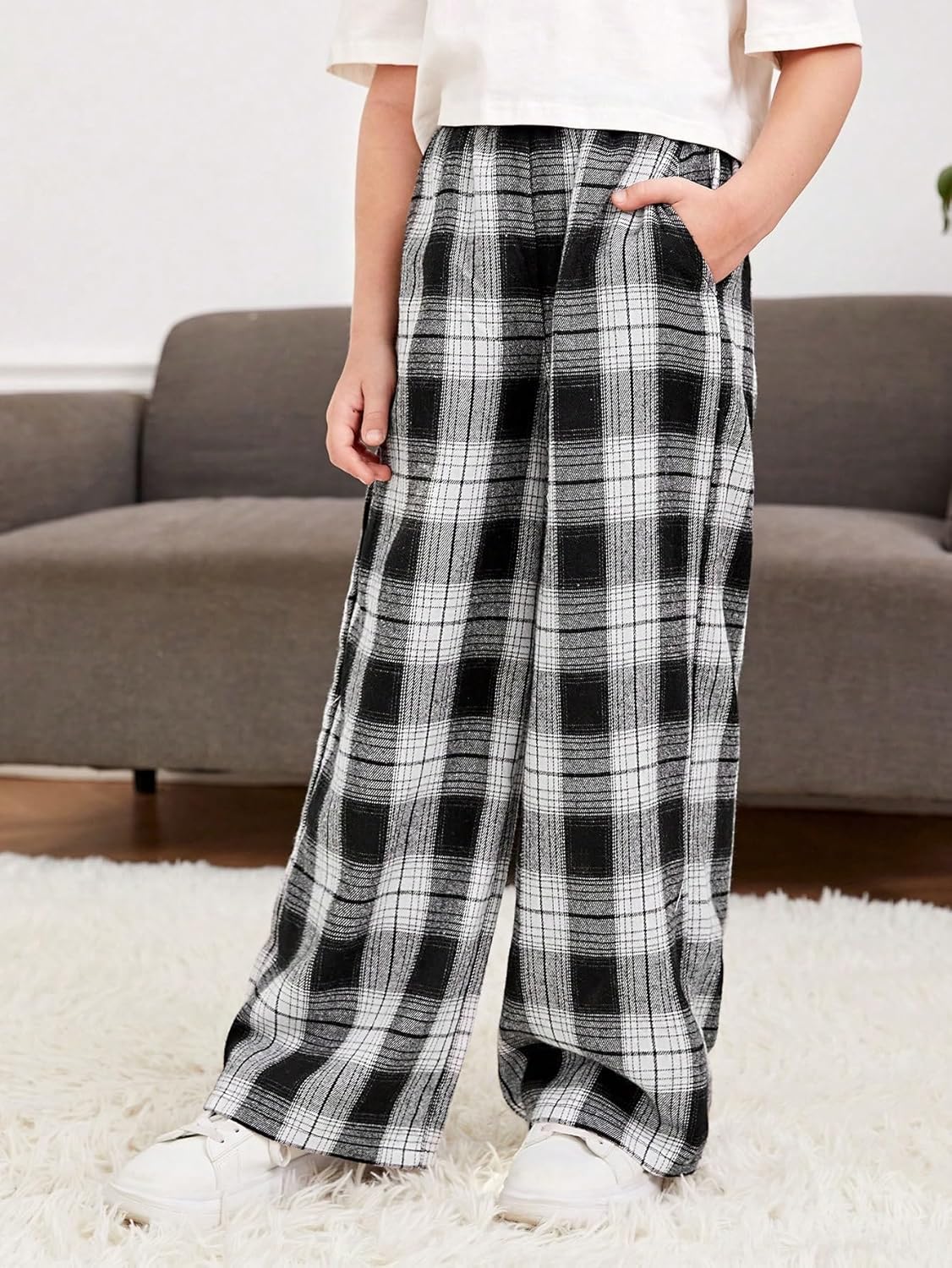 Girls Plaid Wide Leg Trendy Sweatpants