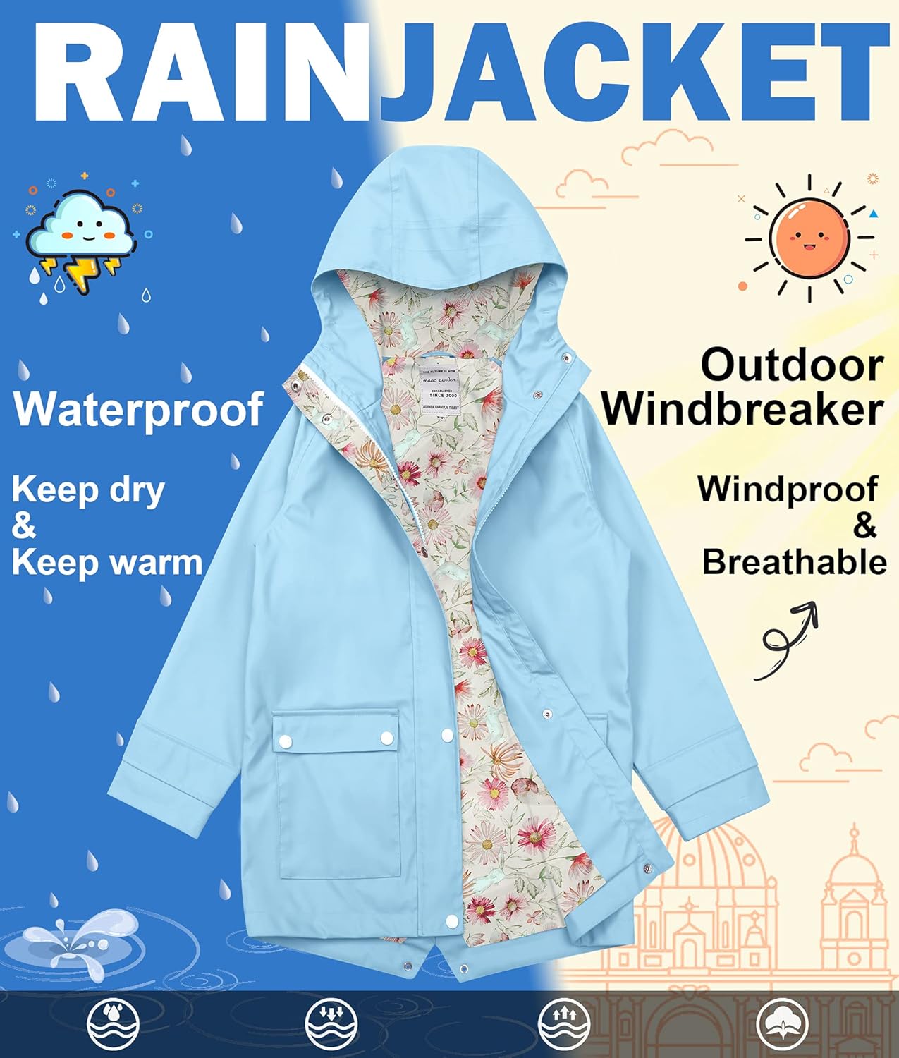 Weatherproof Rain Jacket Waterproof for Girls and Boys